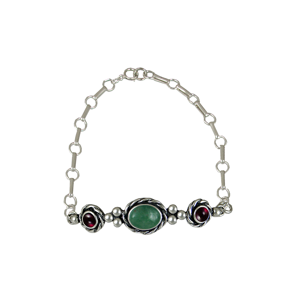 Sterling Silver Gemstone Adjustable Chain Bracelet With Jade And Garnet